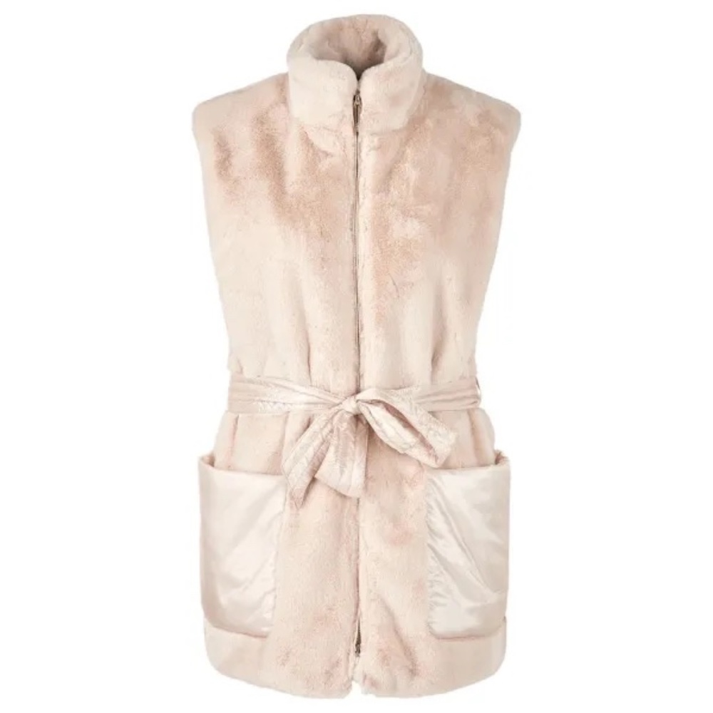 NEW $500 Marc Cain Cuddly Faux Fur Waistcoat Vest Soft Bisque N1 US4 Cream Belt